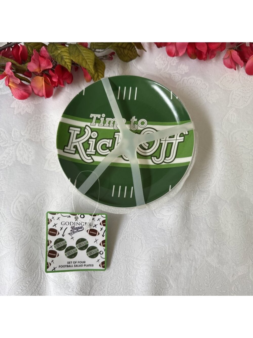 Set of 4 Godinger App Dessert Salad 6" Plates Kick Off Football Green White NEW